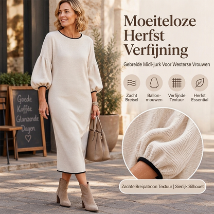 Dames midi-jurk van gestructureerd breisel met pofmouwen