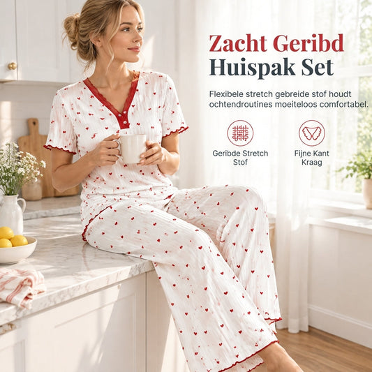 Dames Pyjamaset met Print: Korte Mouwen Top en Lange Broek, Comfortabele Rekbare Loungewear