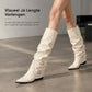 Dames laarzen van zacht leer, met spitse neus, slouchy, kniehoog, met dik blokhak