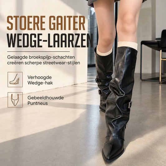 Dames laarzen van zacht leer, met spitse neus, slouchy, kniehoog, met dik blokhak