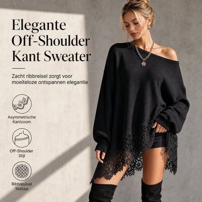 Dames oversized off-shoulder gebreide trui-jurk met asymmetrische bloemen kant Zoom