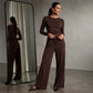 Set bestaande uit een casual dames-shirt met lange mouwen en een broek met hoge taille