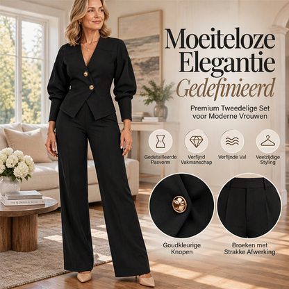 Elegante damesblazer met pofmouwen en wijde broek set